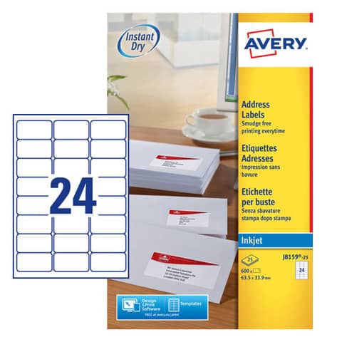 Etichette bianche per buste AVERY QuickDRY™ 63,5x33,9 mm - 24 et/foglio - stampanti inkjet - cf. 25 fogli J8159-25